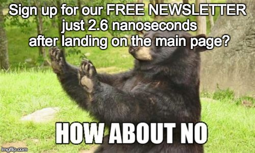 How About No Bear | Sign up for our FREE NEWSLETTER just 2.6 nanoseconds after landing on the main page? | image tagged in memes,how about no bear | made w/ Imgflip meme maker