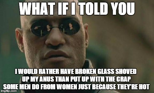 Some women are not worth it.  | WHAT IF I TOLD YOU I WOULD RATHER HAVE BROKEN GLASS SHOVED UP MY ANUS THAN PUT UP WITH THE CRAP SOME MEN DO FROM WOMEN JUST BECAUSE THEY'RE  | image tagged in memes,matrix morpheus | made w/ Imgflip meme maker