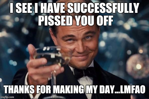Leonardo Dicaprio Cheers Meme | I SEE I HAVE SUCCESSFULLY PISSED YOU OFF THANKS FOR MAKING MY DAY...LMFAO | image tagged in memes,leonardo dicaprio cheers | made w/ Imgflip meme maker