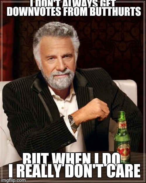 The Most Interesting Man In The World Meme | I DON'T ALWAYS GET DOWNVOTES FROM BUTTHURTS BUT WHEN I DO, I REALLY DON'T CARE | image tagged in memes,the most interesting man in the world | made w/ Imgflip meme maker