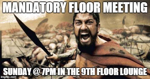 Sparta Leonidas Meme | MANDATORY FLOOR MEETING SUNDAY @ 7PM IN THE 9TH FLOOR LOUNGE | image tagged in memes,sparta leonidas | made w/ Imgflip meme maker