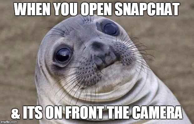 Awkward Moment Sealion | WHEN YOU OPEN SNAPCHAT & ITS ON FRONT THE CAMERA | image tagged in memes,awkward moment sealion | made w/ Imgflip meme maker