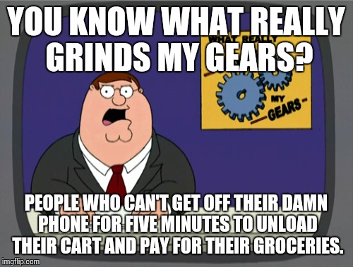 Peter Griffin News Meme | YOU KNOW WHAT REALLY GRINDS MY GEARS? PEOPLE WHO CAN'T GET OFF THEIR DAMN PHONE FOR FIVE MINUTES TO UNLOAD THEIR CART AND PAY FOR THEIR GROC | image tagged in memes,peter griffin news,annoying people,cellphone,shopping cart | made w/ Imgflip meme maker