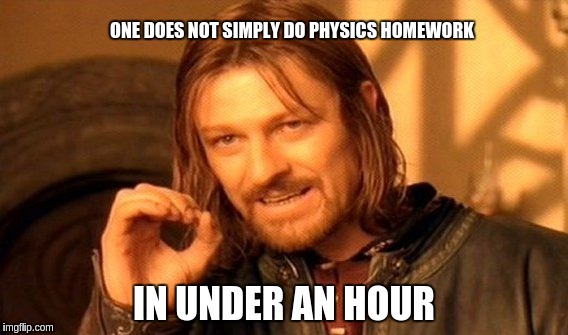 One Does Not Simply | ONE DOES NOT SIMPLY DO PHYSICS HOMEWORK IN UNDER AN HOUR | image tagged in memes,one does not simply | made w/ Imgflip meme maker