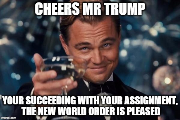 trump NWO | CHEERS MR TRUMP YOUR SUCCEEDING WITH YOUR ASSIGNMENT, THE NEW WORLD ORDER IS PLEASED | image tagged in memes,leonardo dicaprio cheers,donald trump,trump | made w/ Imgflip meme maker
