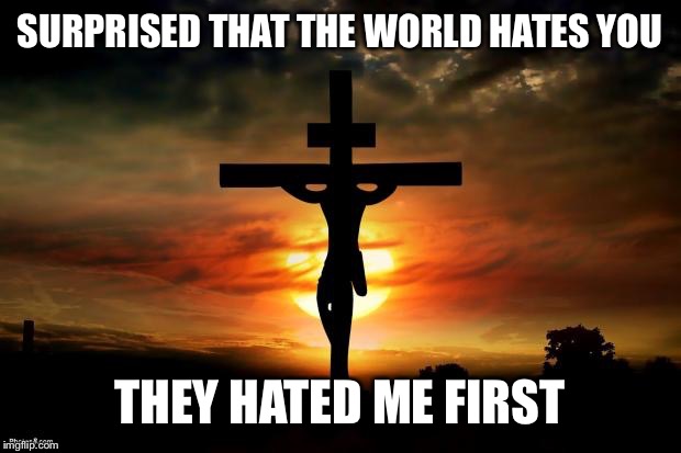 Jesus on the cross | SURPRISED THAT THE WORLD HATES YOU THEY HATED ME FIRST | image tagged in jesus on the cross | made w/ Imgflip meme maker