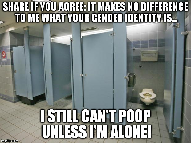 Bathroom stall | SHARE IF YOU AGREE: IT MAKES NO DIFFERENCE TO ME WHAT YOUR GENDER IDENTITY IS... I STILL CAN'T POOP UNLESS I'M ALONE! | image tagged in bathroom stall | made w/ Imgflip meme maker
