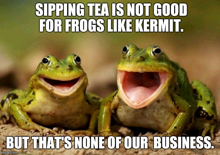 SIPPING TEA IS NOT GOOD FOR FROGS LIKE KERMIT. BUT THAT'S NONE OF OUR  BUSINESS. | image tagged in greens | made w/ Imgflip meme maker