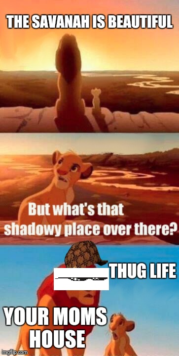Simba Shadowy Place | THE SAVANAH IS BEAUTIFUL YOUR MOMS HOUSE THUG LIFE | image tagged in memes,simba shadowy place,scumbag | made w/ Imgflip meme maker
