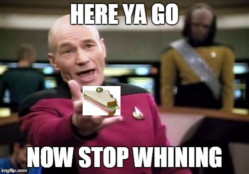 Picard Wtf Meme | HERE YA GO NOW STOP WHINING | image tagged in memes,picard wtf | made w/ Imgflip meme maker