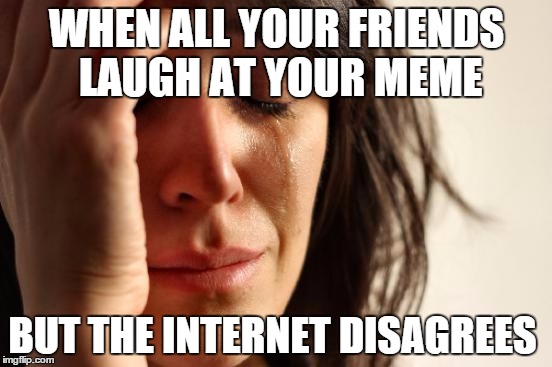 First World Problems | WHEN ALL YOUR FRIENDS LAUGH AT YOUR MEME BUT THE INTERNET DISAGREES | image tagged in memes,first world problems | made w/ Imgflip meme maker