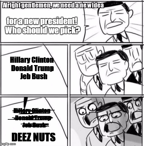 Deez Nuts for President!! | for a new president! Who should we pick? Hillary Clinton Donald Trump   Jeb Bush Hillary Clinton Donald Trump   Jeb Bush DEEZ NUTS | image tagged in memes,alright gentlemen we need a new idea | made w/ Imgflip meme maker