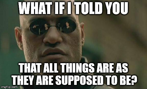 Matrix Morpheus Meme | WHAT IF I TOLD YOU THAT ALL THINGS ARE AS THEY ARE SUPPOSED TO BE? | image tagged in memes,matrix morpheus | made w/ Imgflip meme maker