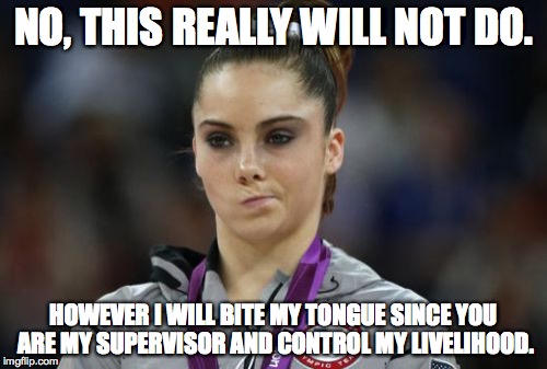 McKayla Maroney Not Impressed | NO, THIS REALLY WILL NOT DO. HOWEVER I WILL BITE MY TONGUE SINCE YOU ARE MY SUPERVISOR AND CONTROL MY LIVELIHOOD. | image tagged in memes,mckayla maroney not impressed | made w/ Imgflip meme maker
