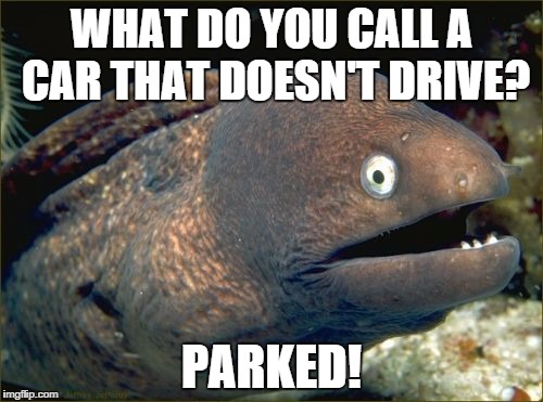 Bad Joke Eel Meme | WHAT DO YOU CALL A CAR THAT DOESN'T DRIVE? PARKED! | image tagged in memes,bad joke eel | made w/ Imgflip meme maker