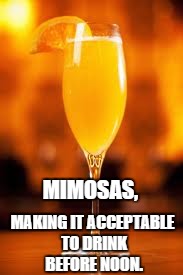 Mimosas | MIMOSAS, MAKING IT ACCEPTABLE TO DRINK BEFORE NOON. | image tagged in drinking | made w/ Imgflip meme maker