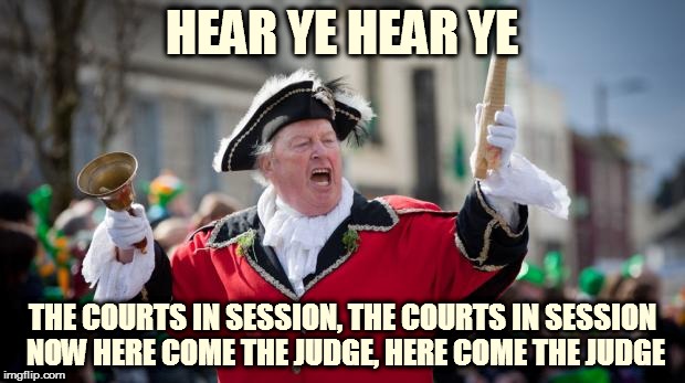 Town Crier | HEAR YE HEAR YE THE COURTS IN SESSION, THE COURTS IN SESSION NOW HERE COME THE JUDGE, HERE COME THE JUDGE | image tagged in town crier | made w/ Imgflip meme maker