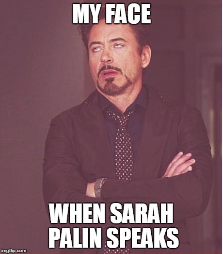 Face You Make Robert Downey Jr | MY FACE WHEN SARAH PALIN SPEAKS | image tagged in memes,face you make robert downey jr | made w/ Imgflip meme maker