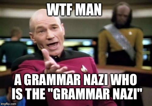 Picard Wtf Meme | WTF MAN A GRAMMAR NAZI WHO IS THE "GRAMMAR NAZI" | image tagged in memes,picard wtf | made w/ Imgflip meme maker