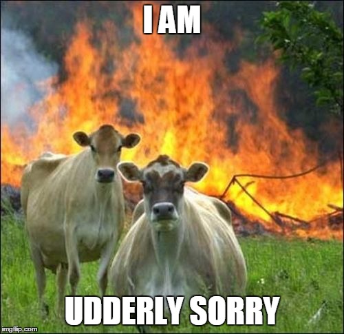 Cow Pun | I AM UDDERLY SORRY | image tagged in memes,evil cows,bad puns,puns,animal,animals | made w/ Imgflip meme maker
