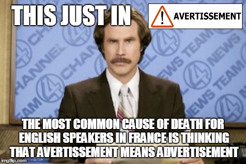 Ron Burgundy Meme | THIS JUST IN THE MOST COMMON CAUSE OF DEATH FOR ENGLISH SPEAKERS IN FRANCE IS THINKING THAT AVERTISSEMENT MEANS ADVERTISEMENT | image tagged in memes,ron burgundy,warning,advertisement,french,france | made w/ Imgflip meme maker