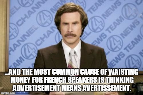 ...AND THE MOST COMMON CAUSE OF WAISTING MONEY FOR FRENCH SPEAKERS IS THINKING ADVERTISEMENT MEANS AVERTISSEMENT. | made w/ Imgflip meme maker