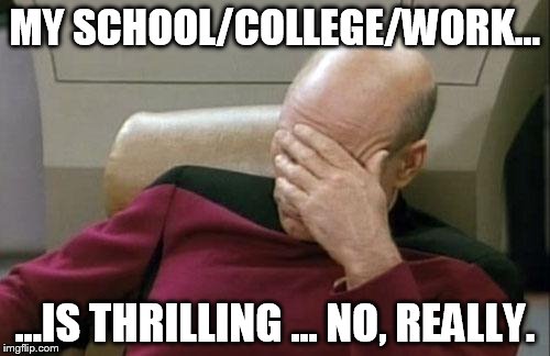 Captain Picard Facepalm Meme | MY SCHOOL/COLLEGE/WORK... ...IS THRILLING ... NO, REALLY. | image tagged in memes,captain picard facepalm | made w/ Imgflip meme maker