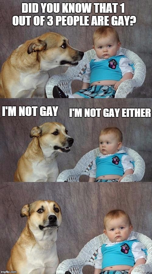 And 1 out 2 are homophobic (not really). | DID YOU KNOW THAT 1 OUT OF 3 PEOPLE ARE GAY? I'M NOT GAY I'M NOT GAY EITHER | image tagged in memes,dad joke dog,funny,ha gayyy | made w/ Imgflip meme maker