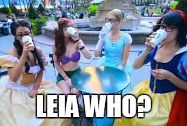 Meanwhile, at Starbucks Disneyland... | LEIA WHO? | image tagged in funny memes,disney,star wars,princess leia,disney princess,snobs | made w/ Imgflip meme maker