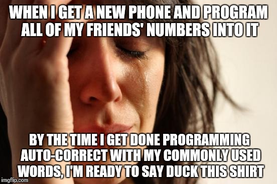 First World Problems Meme | WHEN I GET A NEW PHONE AND PROGRAM ALL OF MY FRIENDS' NUMBERS INTO IT BY THE TIME I GET DONE PROGRAMMING AUTO-CORRECT WITH MY COMMONLY USED  | image tagged in memes,first world problems | made w/ Imgflip meme maker