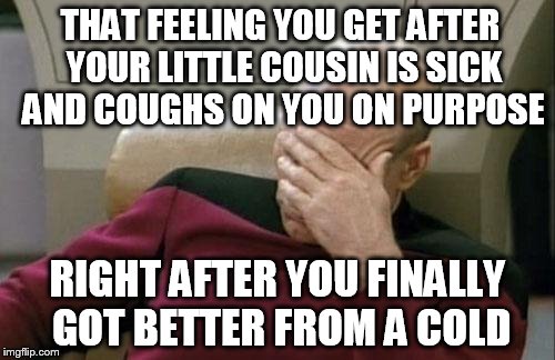 Captain Picard Facepalm | THAT FEELING YOU GET AFTER YOUR LITTLE COUSIN IS SICK AND COUGHS ON YOU ON PURPOSE RIGHT AFTER YOU FINALLY GOT BETTER FROM A COLD | image tagged in memes,captain picard facepalm | made w/ Imgflip meme maker