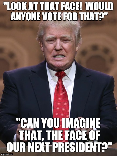 Donald Trump | "LOOK AT THAT FACE!  WOULD ANYONE VOTE FOR THAT?" "CAN YOU IMAGINE THAT, THE FACE OF OUR NEXT PRESIDENT?" | image tagged in donald trump | made w/ Imgflip meme maker