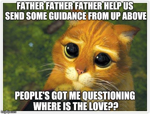 What's wrong with the world!?!? | FATHER FATHER FATHER HELP US SEND SOME GUIDANCE FROM UP ABOVE PEOPLE'S GOT ME QUESTIONING WHERE IS THE LOVE?? | image tagged in memes,shrek cat | made w/ Imgflip meme maker