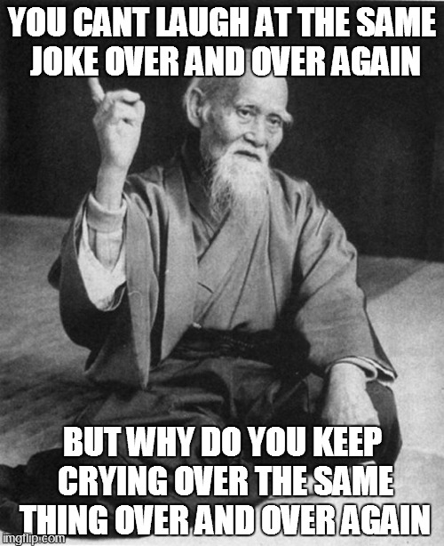 Wise Master | YOU CANT LAUGH AT THE SAME JOKE OVER AND OVER AGAIN BUT WHY DO YOU KEEP CRYING OVER THE SAME THING OVER AND OVER AGAIN | image tagged in wise master | made w/ Imgflip meme maker