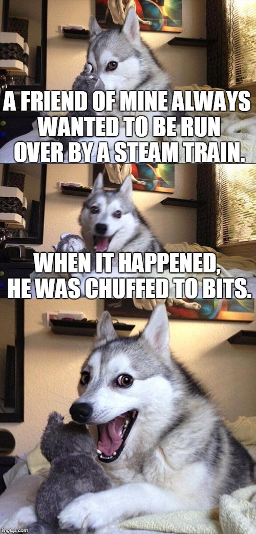 Bad Pun Dog | A FRIEND OF MINE ALWAYS WANTED TO BE RUN OVER BY A STEAM TRAIN. WHEN IT HAPPENED, HE WAS CHUFFED TO BITS. | image tagged in memes,bad pun dog | made w/ Imgflip meme maker