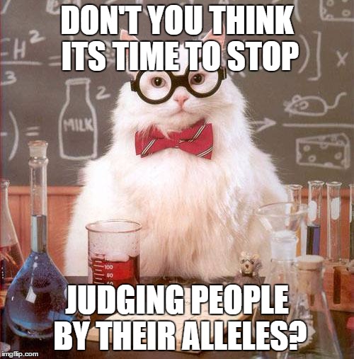 Science Cat | DON'T YOU THINK ITS TIME
TO STOP JUDGING PEOPLE BY THEIR ALLELES? | image tagged in science cat | made w/ Imgflip meme maker