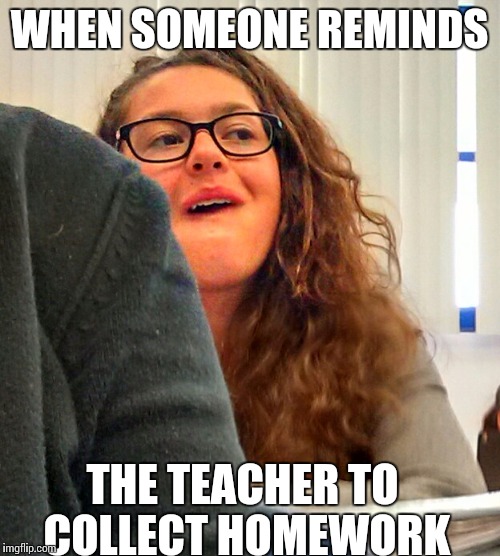 WHEN SOMEONE REMINDS THE TEACHER TO COLLECT HOMEWORK | image tagged in just meme | made w/ Imgflip meme maker