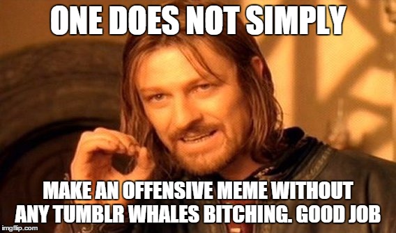 One Does Not Simply Meme | ONE DOES NOT SIMPLY MAKE AN OFFENSIVE MEME WITHOUT ANY TUMBLR WHALES B**CHING. GOOD JOB | image tagged in memes,one does not simply | made w/ Imgflip meme maker