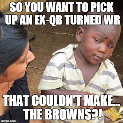 Third World Skeptical Kid Meme | SO YOU WANT TO PICK UP AN EX-QB TURNED WR THAT COULDN'T MAKE... THE BROWNS?! | image tagged in memes,third world skeptical kid | made w/ Imgflip meme maker