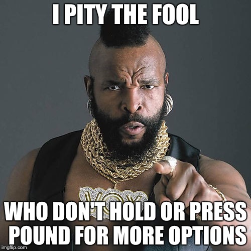 Mr T Pity The Fool | I PITY THE FOOL WHO DON'T HOLD OR PRESS POUND FOR MORE OPTIONS | image tagged in memes,mr t pity the fool | made w/ Imgflip meme maker