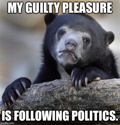 Confession Bear | MY GUILTY PLEASURE IS FOLLOWING POLITICS. | image tagged in memes,confession bear | made w/ Imgflip meme maker