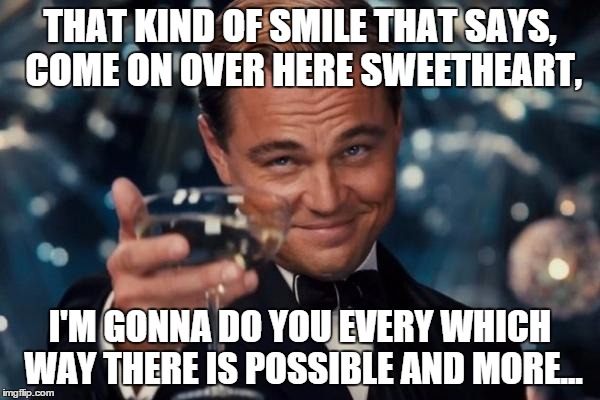Leonardo Dicaprio Cheers Meme | THAT KIND OF SMILE THAT SAYS, COME ON OVER HERE SWEETHEART, I'M GONNA DO YOU EVERY WHICH WAY THERE IS POSSIBLE AND MORE... | image tagged in memes,leonardo dicaprio cheers | made w/ Imgflip meme maker