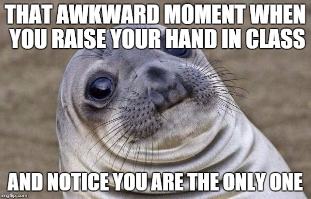 Awkward Moment Sealion | THAT AWKWARD MOMENT WHEN YOU RAISE YOUR HAND IN CLASS AND NOTICE YOU ARE THE ONLY ONE | image tagged in memes,awkward moment sealion | made w/ Imgflip meme maker