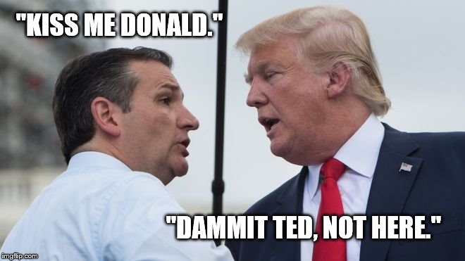 Right Fling | "KISS ME DONALD." "DAMMIT TED, NOT HERE." | image tagged in donald trump,ted cruz | made w/ Imgflip meme maker