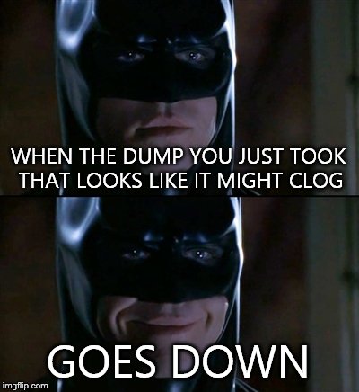Batman Smiles Meme | WHEN THE DUMP YOU JUST TOOK THAT LOOKS LIKE IT MIGHT CLOG GOES DOWN | image tagged in memes,batman smiles | made w/ Imgflip meme maker