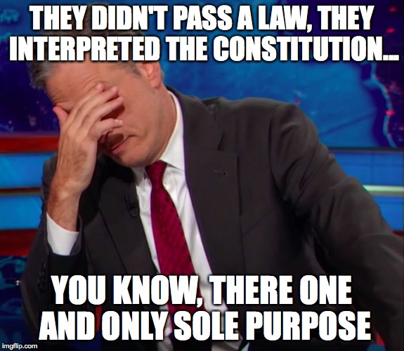 Jon Stewart Face-palm | THEY DIDN'T PASS A LAW, THEY INTERPRETED THE CONSTITUTION... YOU KNOW, THERE ONE AND ONLY SOLE PURPOSE | image tagged in jon stewart face-palm | made w/ Imgflip meme maker