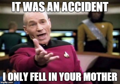 Picard Wtf Meme | IT WAS AN ACCIDENT I ONLY FELL IN YOUR MOTHER | image tagged in memes,picard wtf | made w/ Imgflip meme maker