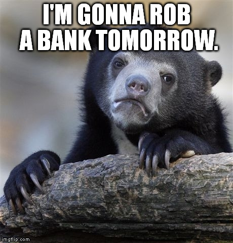 https://imgflip.com/i/qvn9m | I'M GONNA ROB A BANK TOMORROW. | image tagged in memes,confession bear | made w/ Imgflip meme maker