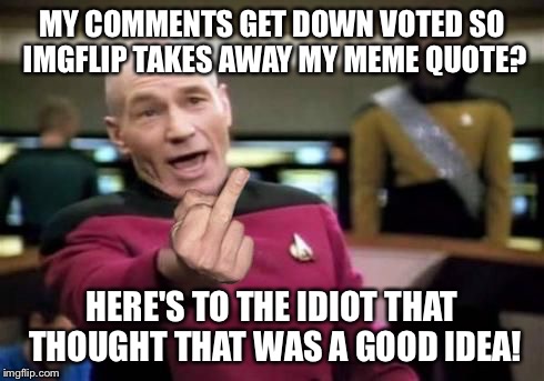 Picard Middle Finger | MY COMMENTS GET DOWN VOTED SO IMGFLIP TAKES AWAY MY MEME QUOTE? HERE'S TO THE IDIOT THAT THOUGHT THAT WAS A GOOD IDEA! | image tagged in picard middle finger,imgflip | made w/ Imgflip meme maker