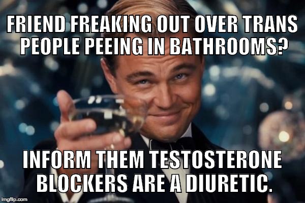 Leonardo Dicaprio Cheers Meme | FRIEND FREAKING OUT OVER TRANS PEOPLE PEEING IN BATHROOMS? INFORM THEM TESTOSTERONE BLOCKERS ARE A DIURETIC. | image tagged in memes,leonardo dicaprio cheers | made w/ Imgflip meme maker